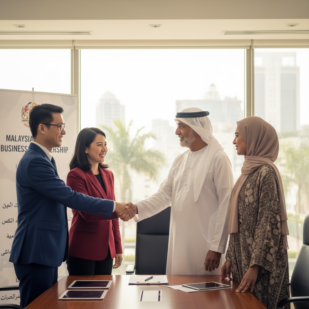 generate image with malaysia chinese people and arab people shake hand for business coperate